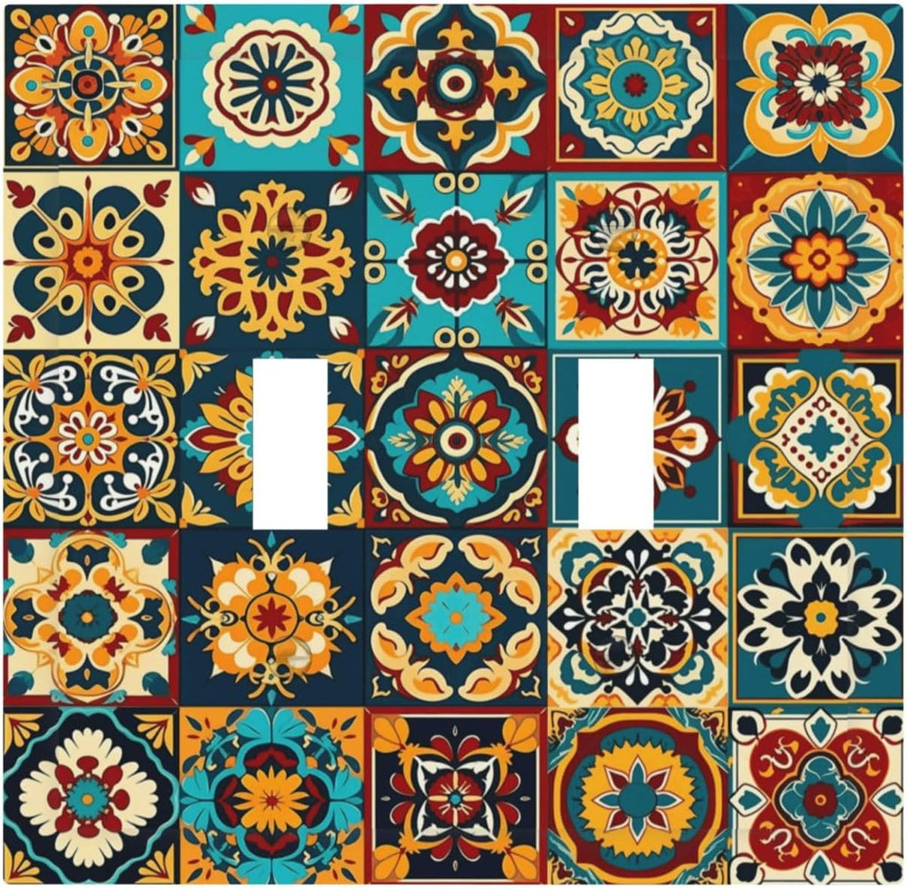 Mexican Talavera Ceramic Tile Moroccan Boho Decorative Switch Plates 2 Gang Double Toggle Outlet Light Switch Cover Wall Plate Electrical Faceplate for Bathroom Kitchen Decor