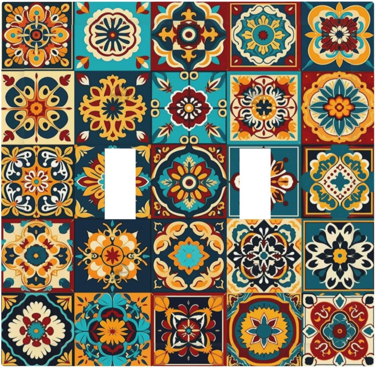 Mexican Talavera Ceramic Tile Moroccan Boho Decorative Switch Plates 2 Gang Double Toggle Outlet Light Switch Cover Wall Plate Electrical Faceplate for Bathroom Kitchen Decor