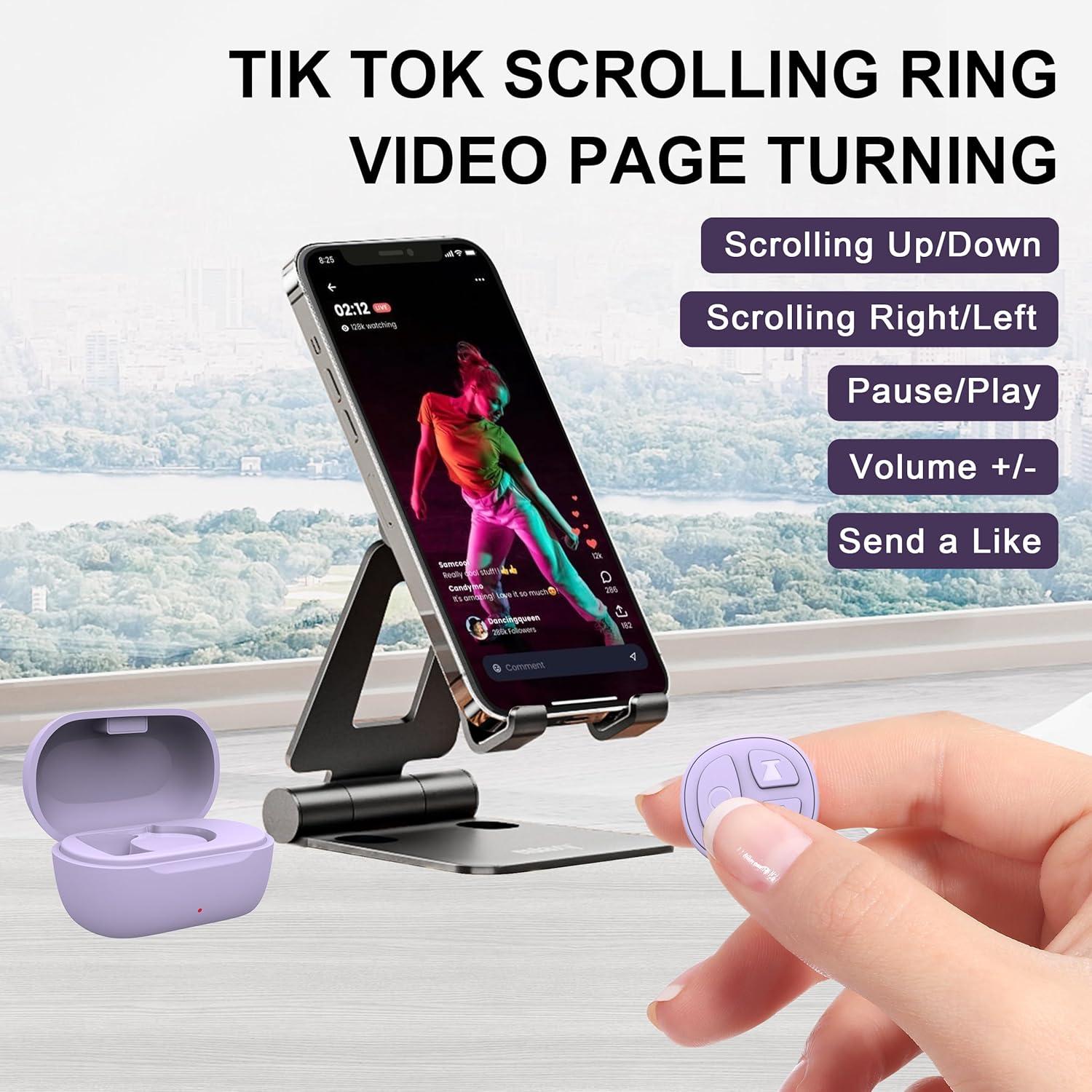 TikTok Scrolling Ring Bluetooth Camera Remote Control Page Turner for iPhone iPad Android Tablet Ebook Reading Scrolling Ring for iPhone TikTok (Purple with Charging Case)