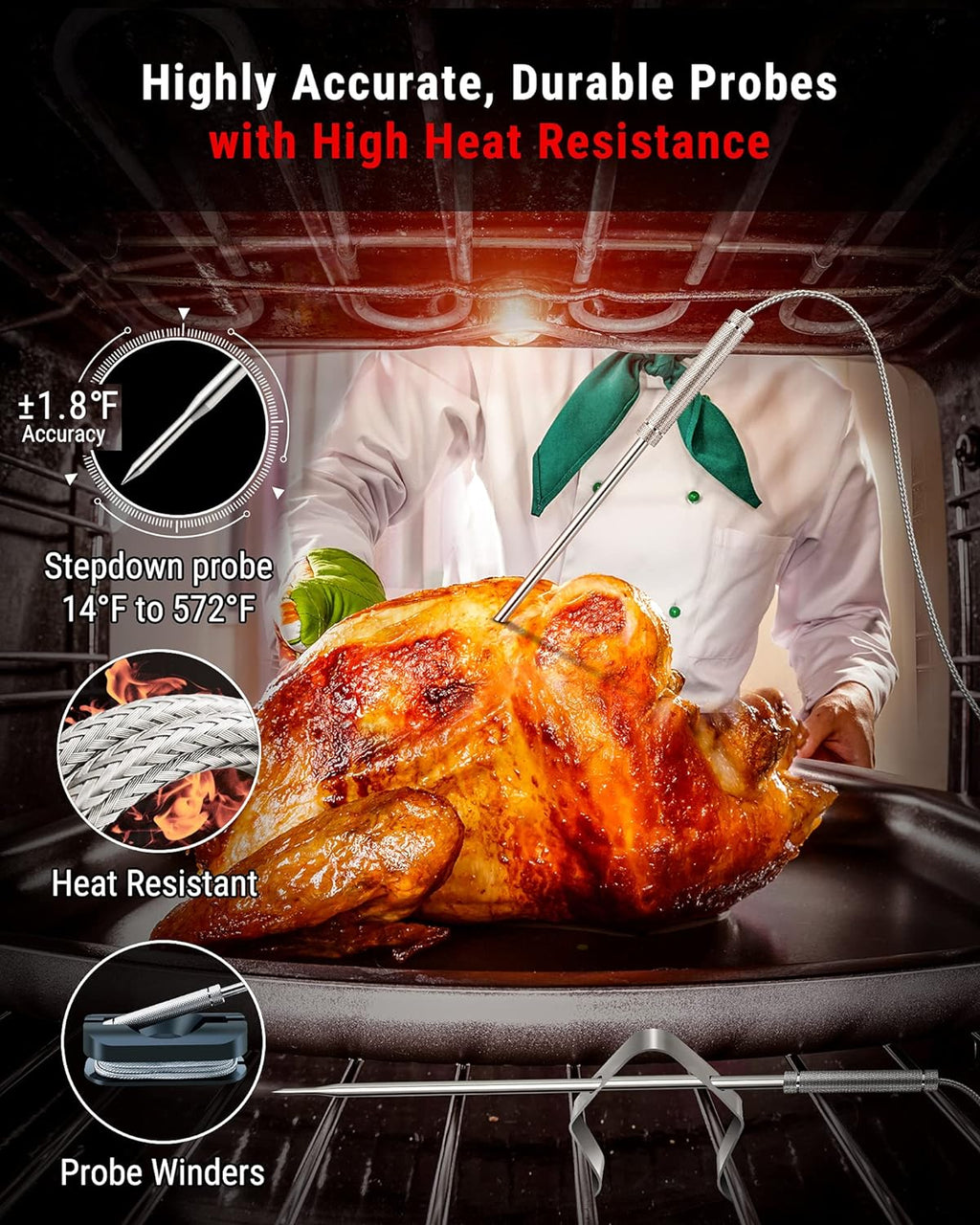 ThermoPro TP826 500FT Wireless Meat Thermometer, Dual Meat Probe Cooking Thermometer with HI/Low Alert, Food Grill Temperautre probe, Outdoor Fryer Accessories for BBQ, Smoker, Oven, Grilling Gift