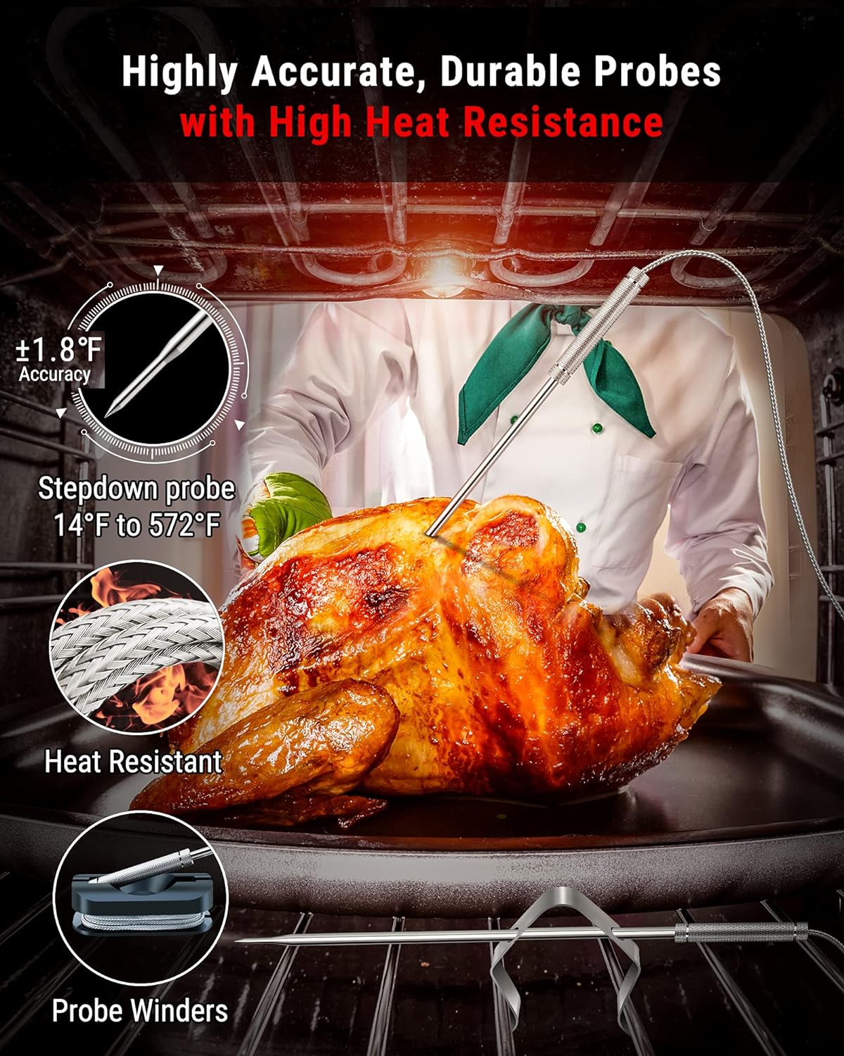 ThermoPro TP826 500FT Wireless Meat Thermometer, Dual Meat Probe Cooking Thermometer with HI/Low Alert, Food Grill Temperautre probe, Outdoor Fryer Accessories for BBQ, Smoker, Oven, Grilling Gift