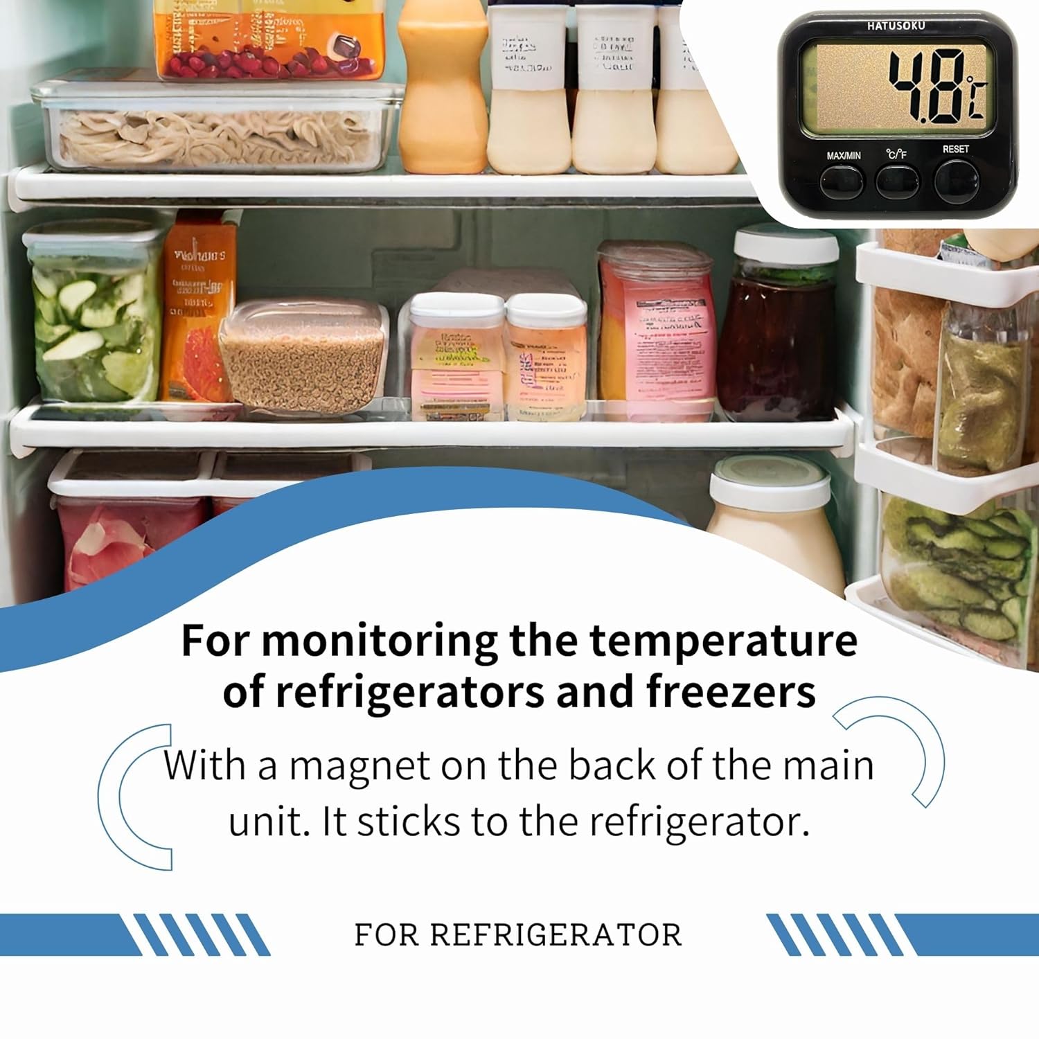 Digital Thermometer with External Sensor, Magnet, Suction Cup, Water Thermometer, Aquarium, Refrigerator, Freezer (Black)