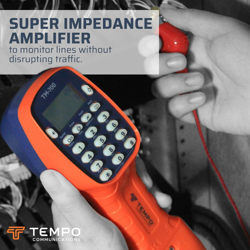 TEMPO Communications TM-700 Telephone Test Set, Lineman's Butt Set Phone Tester w/LCD Display, ABN Bed of Nails & Spike Croc Clips & RJ11, DSL Line Filter (Professional Grade) (TM-700)