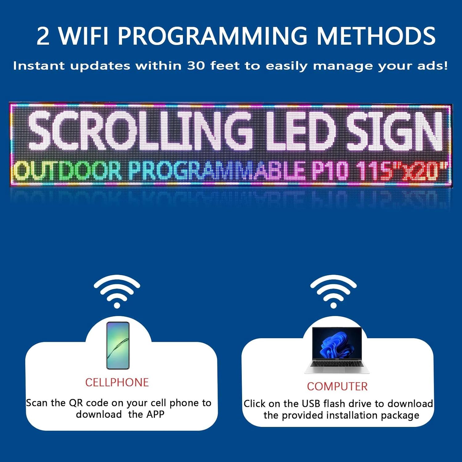 HS P10 115'’x20’’ Programmable Led Sign, Outdoor Digital Scrolling Signs, Open Neon Signs, Electronic Message Display Screen Banner Board, Full Color High Brightness WIFI Control Customized text for Business Store Advertising Restaurant Window