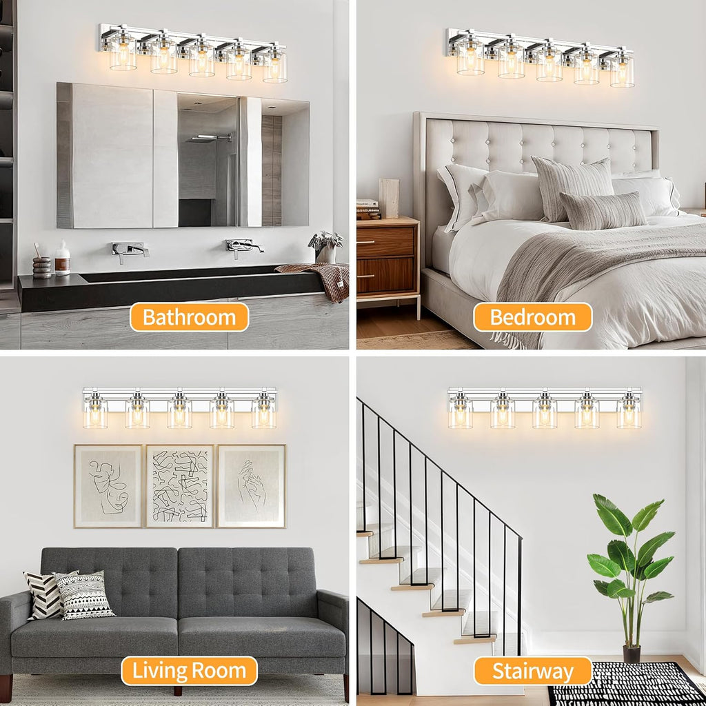 5 Light Modern Bathroom Light Fixtures Over Mirror, Chrome Vanity Lights for Bathroom Wall Sconces with Clear Glass Shades, E26 Socket (Bulbs Not Included)