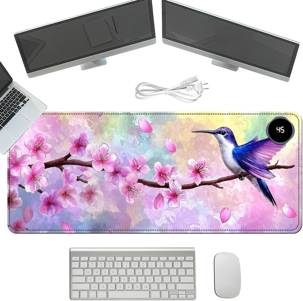 Heated Mouse Pad with 3 Temperature Settings(104°F–122°F),Large 31.5x13 Inch PU Leather Heated Desk Mat,Waterproof Warming Pad for Office,Gaming & Cold Hands Relief,Hummingbird Cherry Bloom