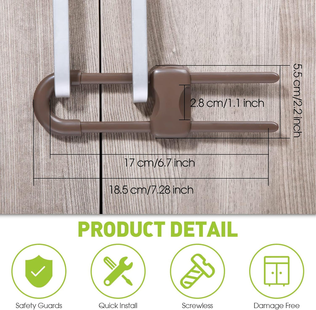 Jetec 10 Pieces Cabinet Locks for Babies, U-Shaped Proofing Drawers Safety Child Locks Adjustable, Easy to Use Childproof Latch for Knob Handle on Kitchen Door Storage Cupboard Closet (Brown)