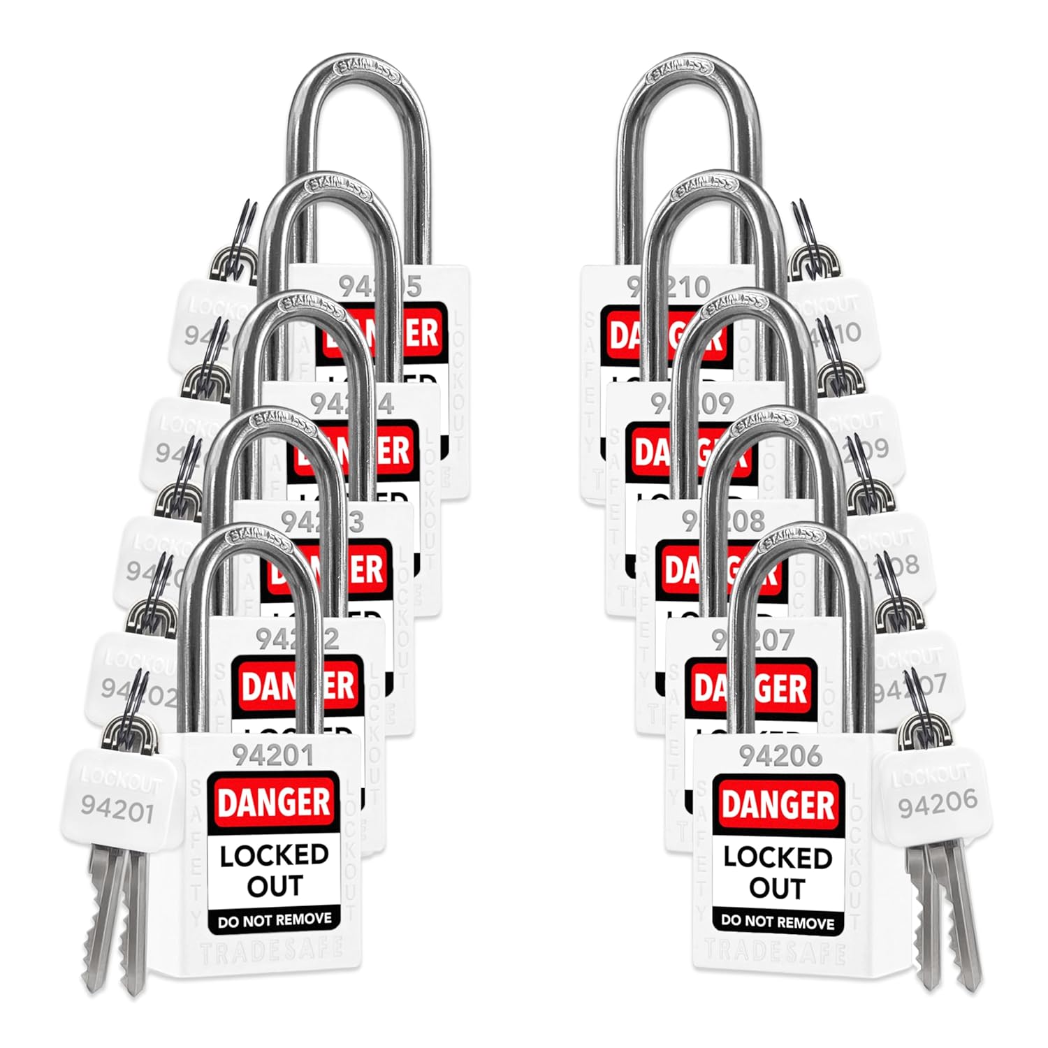 TRADESAFE Lockout Tagout Locks Set - 10 White Loto Locks, Keyed Different Lock Out Tag Out Padlocks, 2 Keys Per Lock, OSHA Compliant Lockout Locks