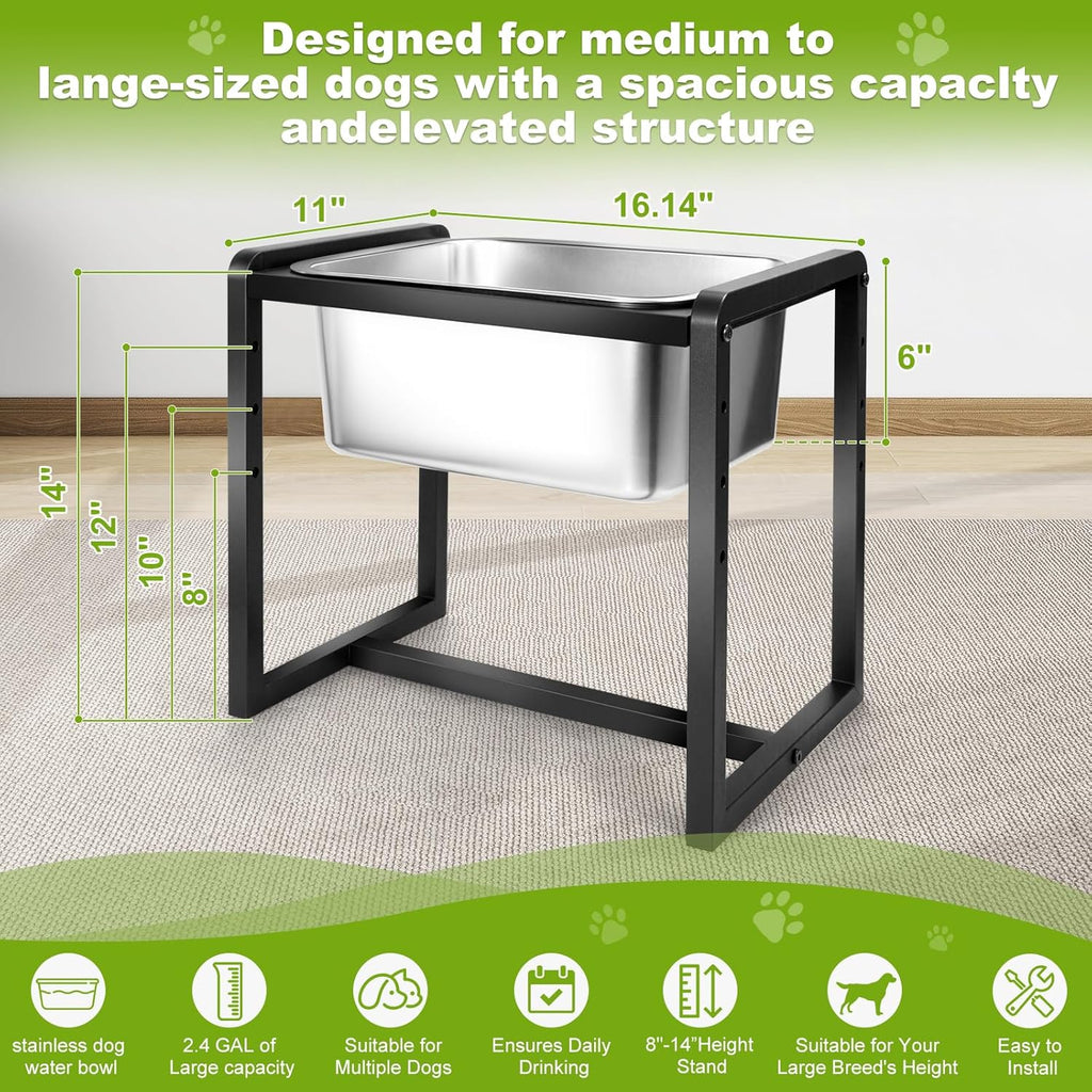 Adjustable Height Elevated Large Dog Water Bowls with Stainless Steel Bowls and Metal Stand，4-Level (8/10/12/14 Inches) Pet Bowl for Dogs for Large Medium Dogs - Durable, Easy to Clean (2.4gallon)