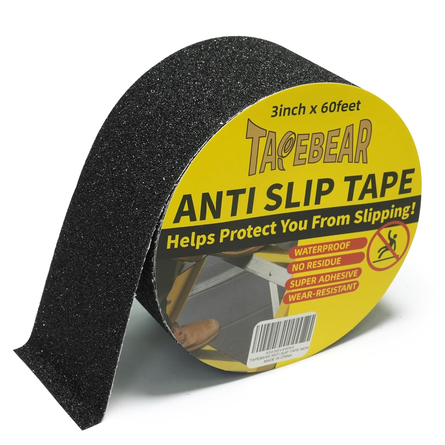 TAPEBEAR Grip Tape Anti Slip Traction Tape 3 Inch x 60Ft, Non Slip Tape Waterproof Heavy Duty Safety Tape for Indoor Outdoor Steps Stairs Treads, Strong Grip