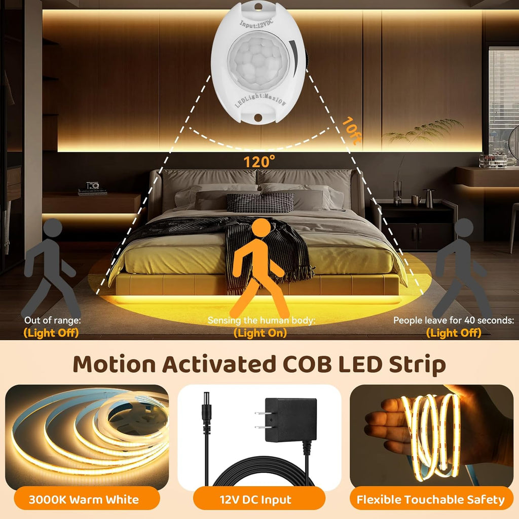 Motion Activated COB LED Strip Bed Lights, 2 x 6.56Ft Warm White COB LED Strip Motion Sensor Under Bed Lights,12V Dimmable Motion Sensor Night Light Strip Indoor for Under Cabinet Closet Stair