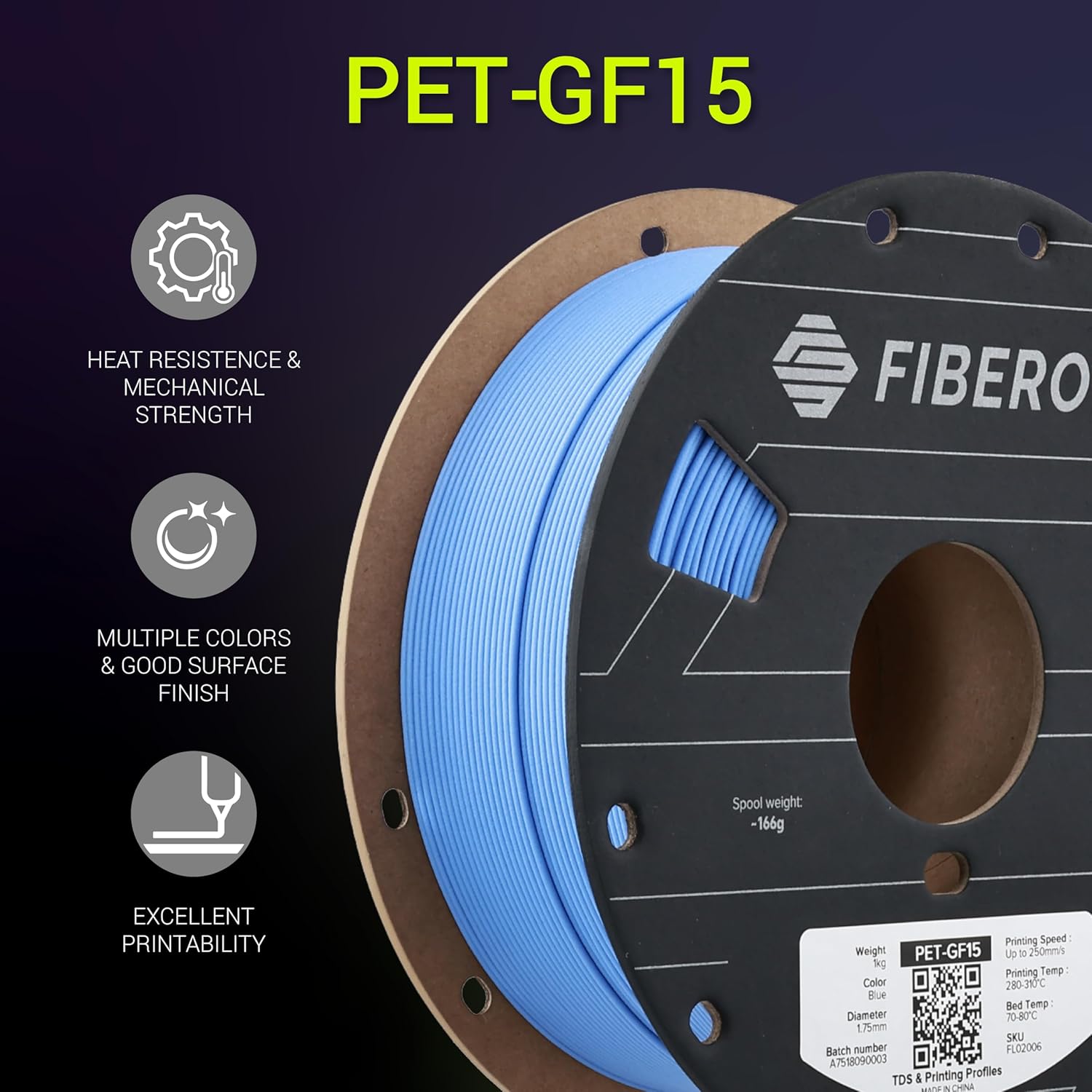 Polymaker Fiberon Blue PET-GF15 3D Printer Filament 1.75mm 1KG, 15% Glass Fiber Reinforced, High Strength & Heat Resistance, Ideal for Automotive, Industrial & Functional Parts, AMS Compatible