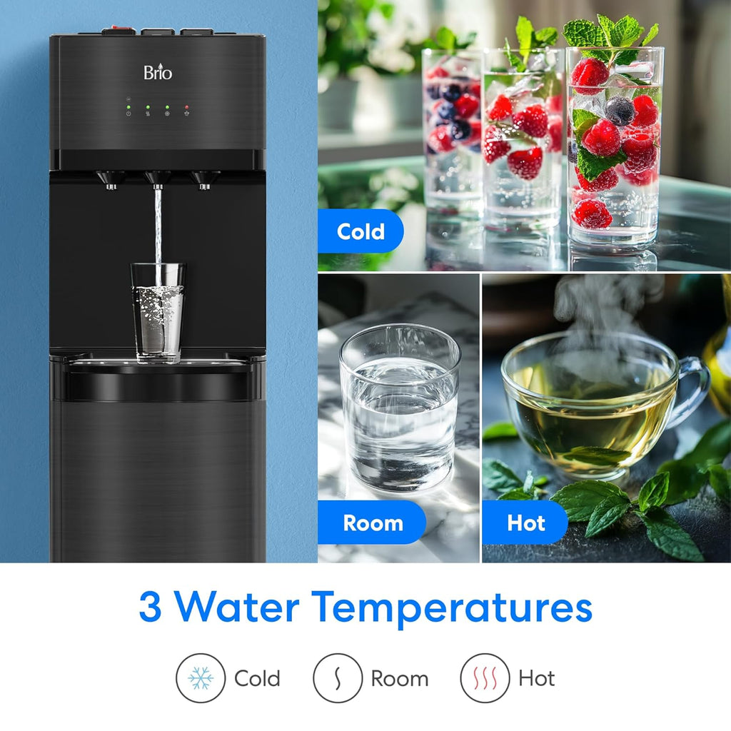 Brio Bottleless Water Cooler Dispenser w/ 4-Stage Filters (Included) removes PFAS & Microplastics for Clean Drinking Water, NSF Certified | 3 Temp (Hot, Room, Cold) w/Child Safety Lock & LED Display