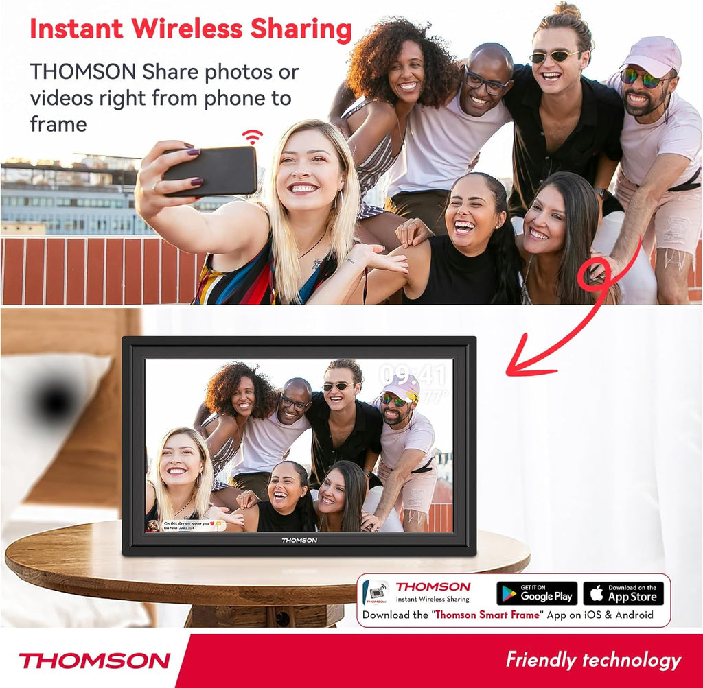 THOMSON Digital Picture Frame, Digital Photo Frame WiFi with 32 GB, HD IPS Touch Screen, Auto-Rotate, Slideshow, Share Photos/Videos from Phone by App (15.6Inch Black)