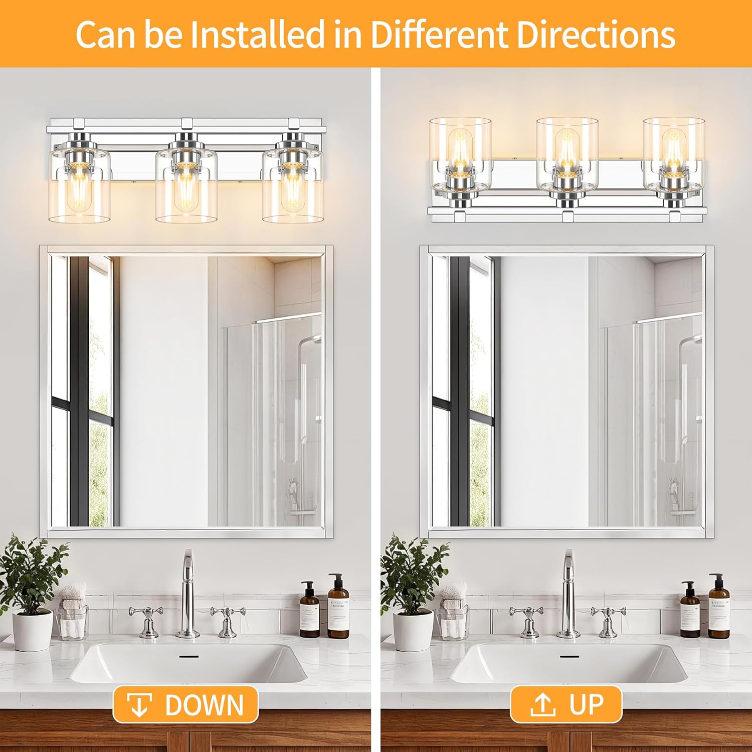 3 Light Modern Bathroom Light Fixtures Over Mirror, Chrome Vanity Lights for Bathroom Wall Sconces with Clear Glass Shades, E26 Socket (Bulbs Not Included)