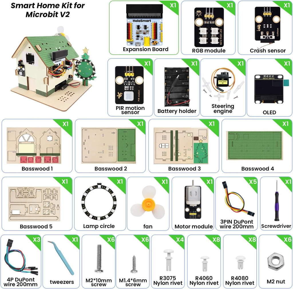 microbit Smart Home Kit for microbit v1 and v2,STEM Education Kit with Online Tutorial(Without Micro:bit and AAA Battery),Green
