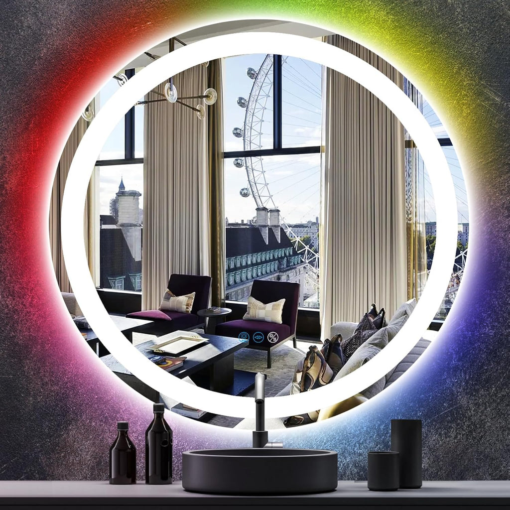 THEKLA 30 Inch Bathroom Led Round Mirror with Lights 3Color + RGB Rainbow Color Changing Backlit Round Lighted Vanity Mirror for Bathroom Wall Dimmable AntiFog 30in Circle Round Smart Light up Mirror