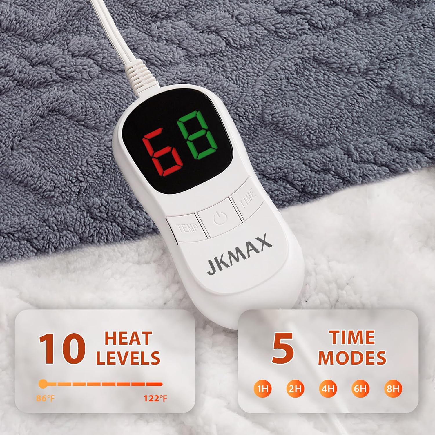 Heated Electric Blanket Twin Size-62"x84" Heating Blanket with 10 Heating Levels & 5 Time Settings Over-Heat Protection，Winter Warmer for Adults with ETL Certification（Grey）