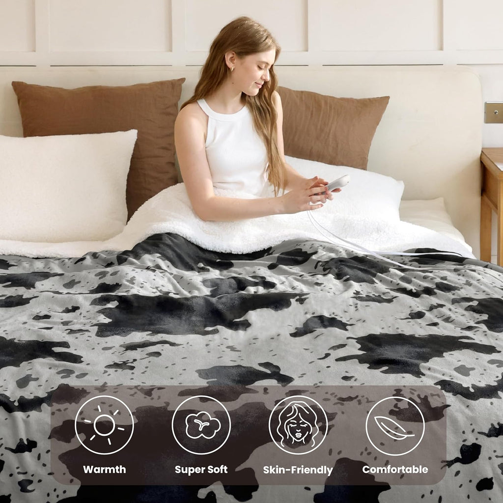 Cow Print Heated Electric Blanket King Size-Dual Control Heating Blanket King Size with 10 Heat Levels & 10 Hours Auto-Off, Cozy Soft Fleece Sherpa, Washable, 90x100 Inche Cow Print Grey