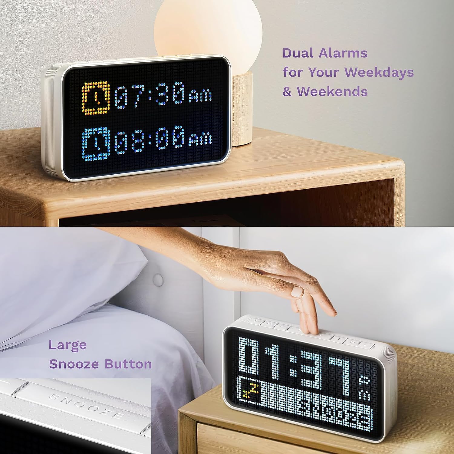 Dekala PixelRise Smart Alarm Clock for Bedroom,Pixel Art LED Dot Matrix Display, Weather Temperature Animation, Loud Dual Alarm for Heavy Sleeper, Sleep White Noise, WiFi Weather & Time Sync, App