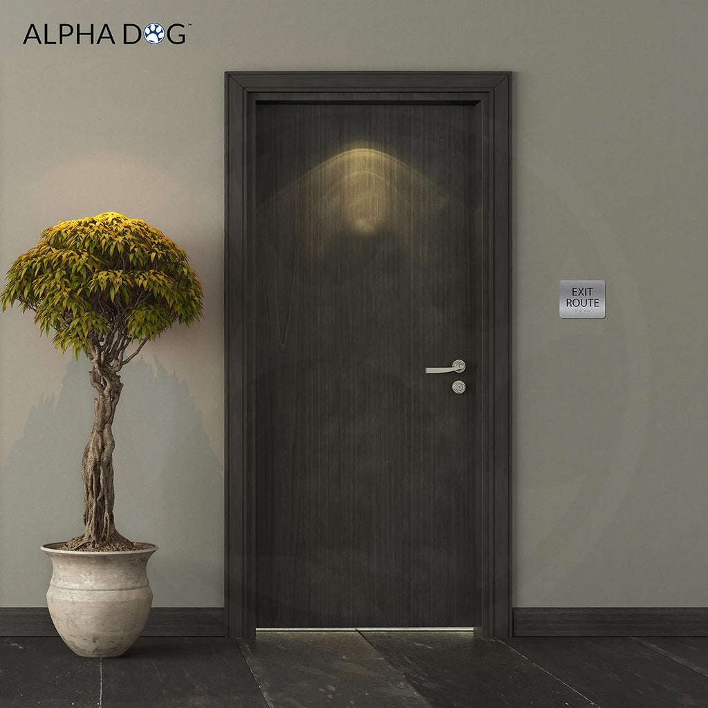 ALPHA DOG ADA SIGNS - Exit Route Sign with Braille for Your Business, 5x6 Inch, ADA Compliant, Indoor or Outdoor, Easy Installation, Made in the USA, Brushed Metal