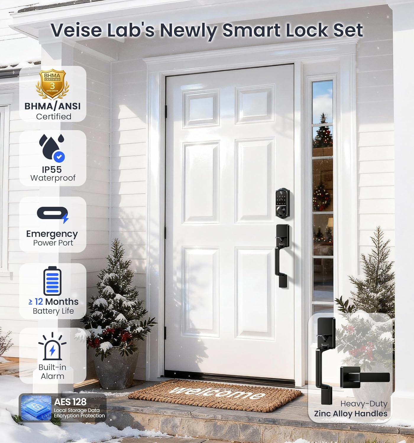 Veise VE017-D Fingerprint Smart Front Door Lock Set, App Control, 8-in-1 Keyless Entry Deadbolt with Lever Handle, Emergency Power Port, Auto Lock, Touchscreen Keypad, Easy Install, Matte Black