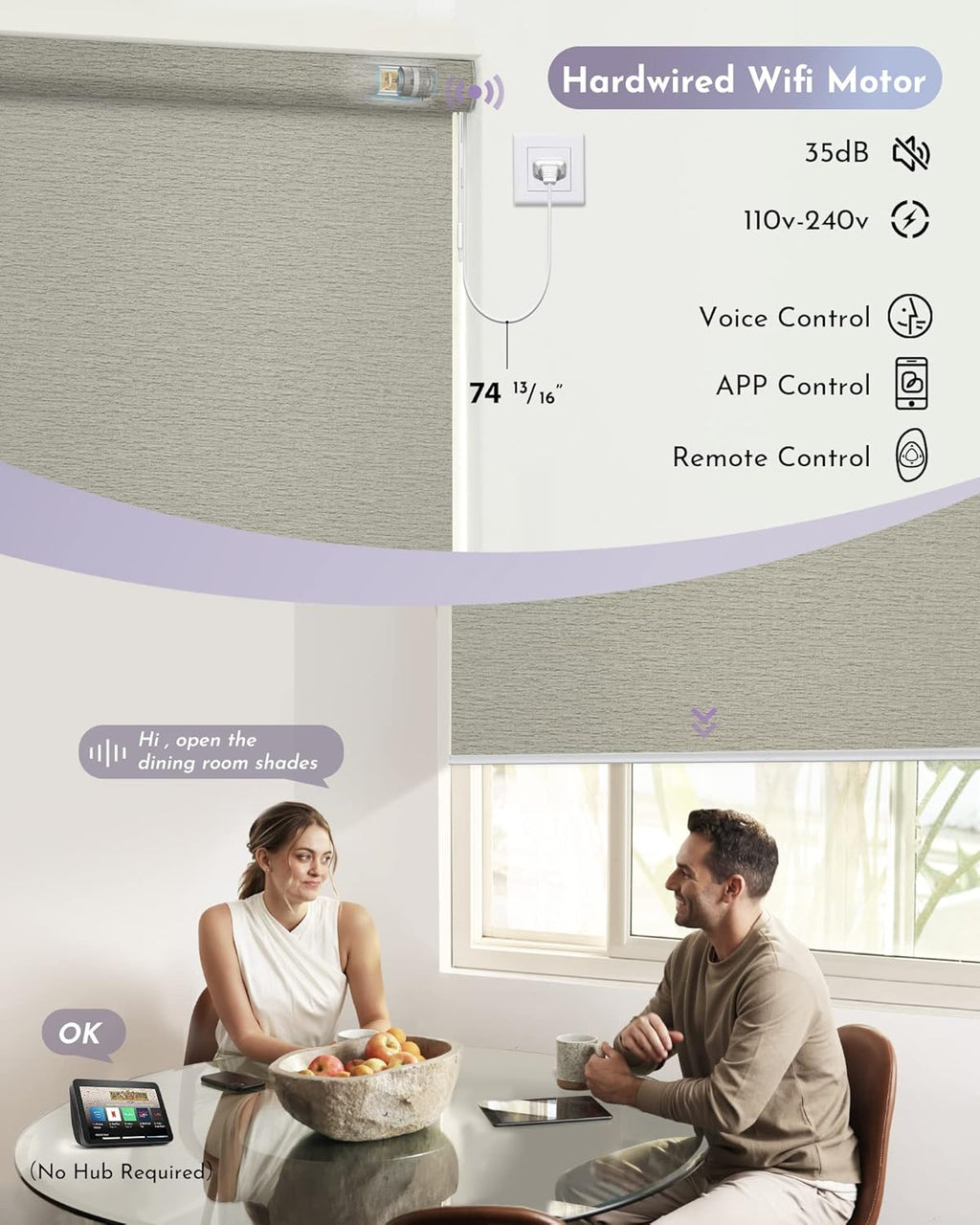 Graywind Smart Blackout Roller Shades Compatible with Alexa Google WiFi Hardwired Textured Fabric Motorized Blinds Remote Window Shades, Custom Size (Frequency Sand)