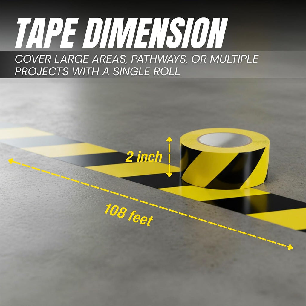 Tapix 2 Inch x 108 Feet Black & Yellow Tape Roll - Safety Stripe Waring Tape for Floor - Highly Adhesive Waterproof Hazard Tape for Floors, Walls, Staircase, Pipes, Equipment, Dangerous Area