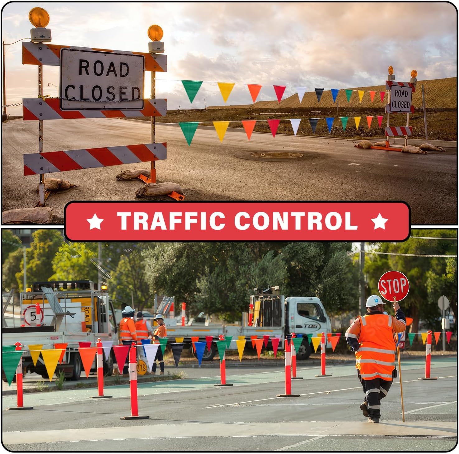 105ft Pennant Banner Flags, 7"x10" Fluorescent Multicolor Safety Flagging Warning Banner for Construction Site/Traffic Control/Boundary Barrier Signs, Perimeter Marking Flags on String, 45 Pcs