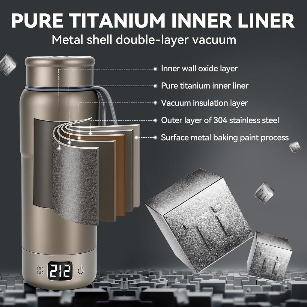Pure Titanium Travel Kettle,Dual Voltage Portable Electric Kettle 110V-240V Smart Small Water Boiler for Tea & Coffee,12 Temperature Control,Auto Shut Off & Boil Dry Protection (Gray,520ML)