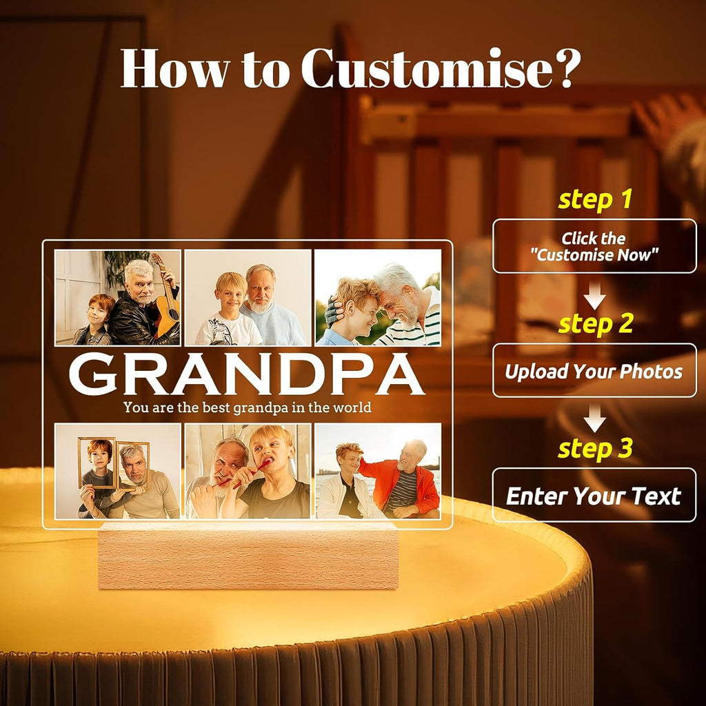 Personalized Gifts for Grandpa from Daughter Son, Custom Picture Frames with Photos, Customized Photo Frame with Night Light, Personalized Birthday Gifts for Grandpa Baby Kids Family