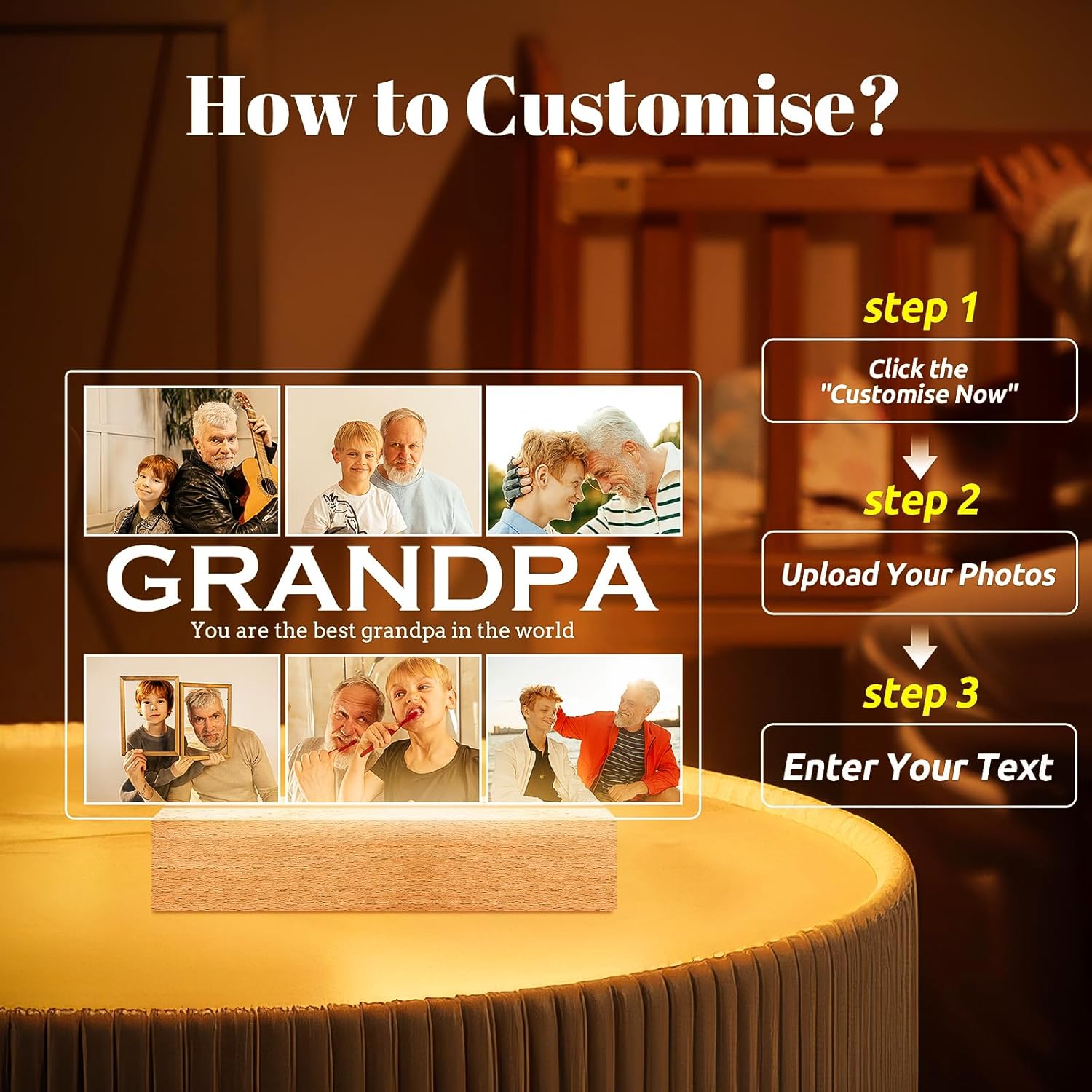 Personalized Gifts for Grandpa from Daughter Son, Custom Picture Frames with Photos, Customized Photo Frame with Night Light, Personalized Birthday Gifts for Grandpa Baby Kids Family