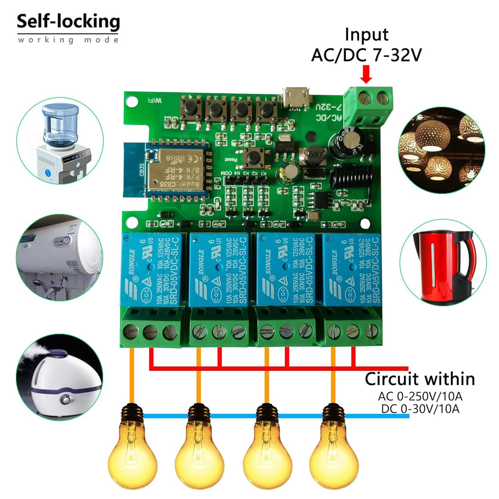 Jane Eyre WiFi Relay Module 4 Channel Smart Switch Momentary/Self-Locking/Lock Switching for Tuya/Smart Life APP,DIY Garage Door, Compatible with Alexa and Google Assistant