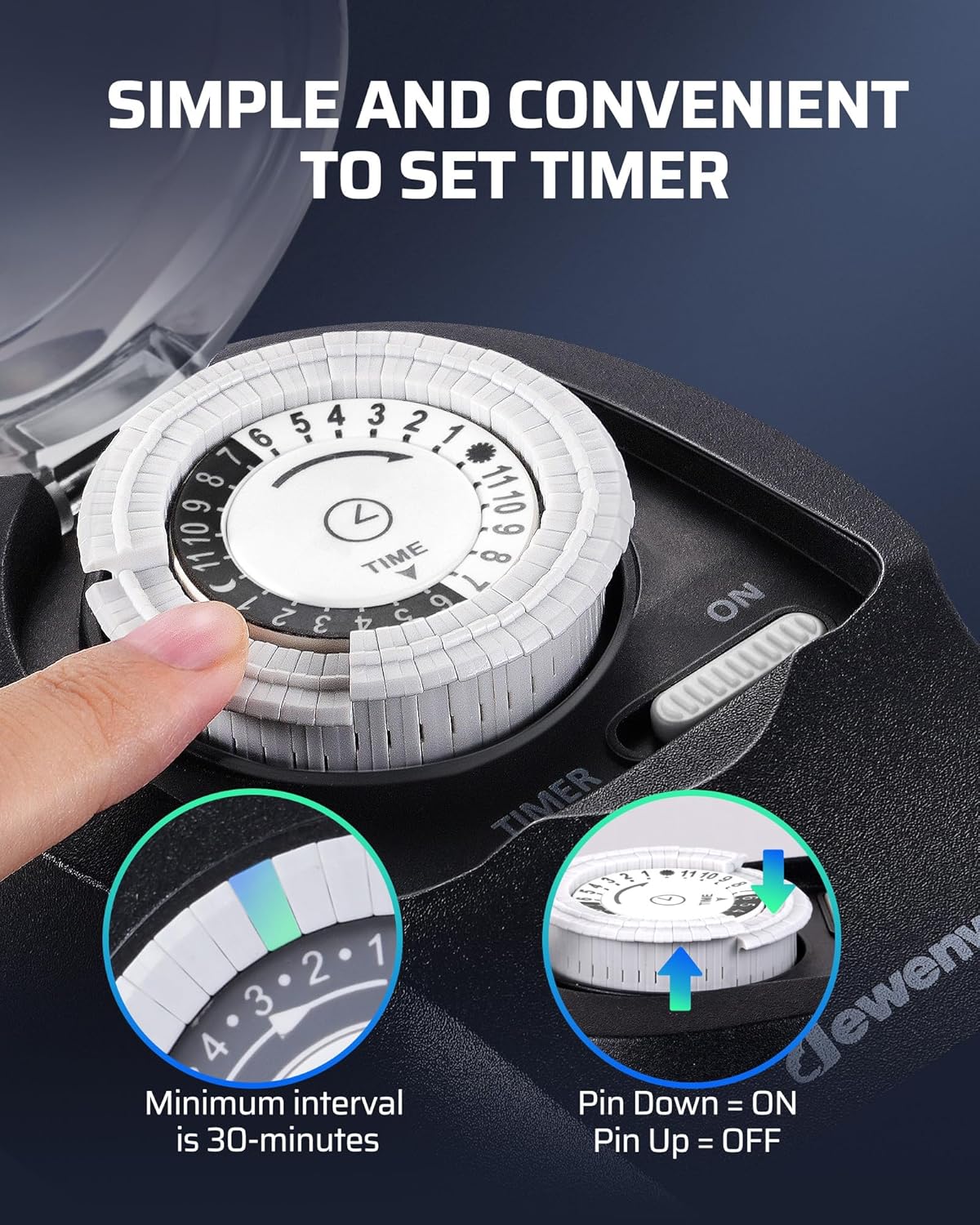 DEWENWILS 1 Pack Mechanical Light Timer for Outdoor Lighting, 24-Hour Plug in Timers, Heavy Duty Programmable Timer Switch with 2 Grounded Outlets for Christmas String Lights, 15A 1/2HP UL Listed