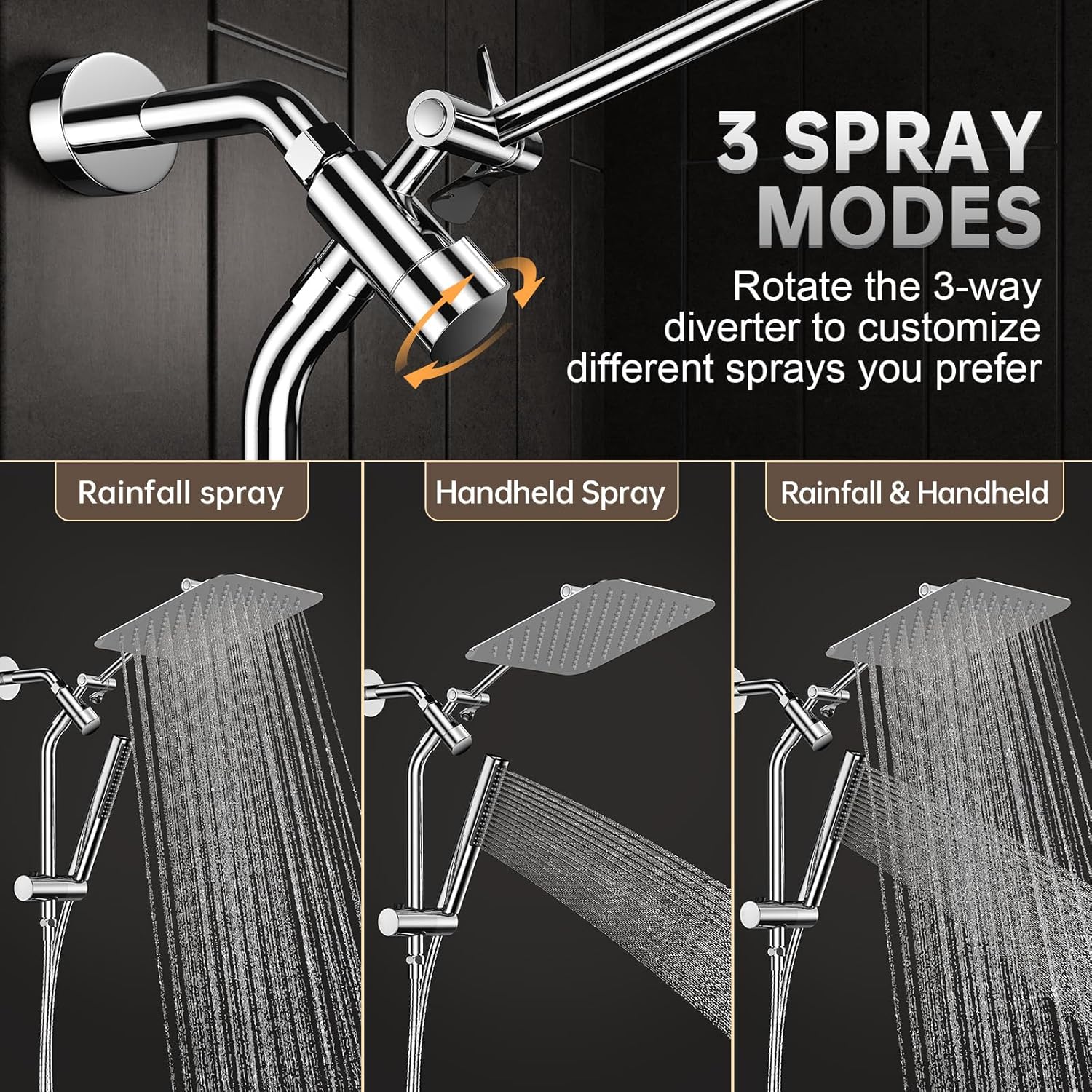 Veken 10'' All Metal Rain Shower Head with Handheld Spray Combo, Hand Held Bathroom Showerhead Combo with Extension Arm, Dual shower with Power Wash, Adjustable Rainfall Shower Head, Chrome