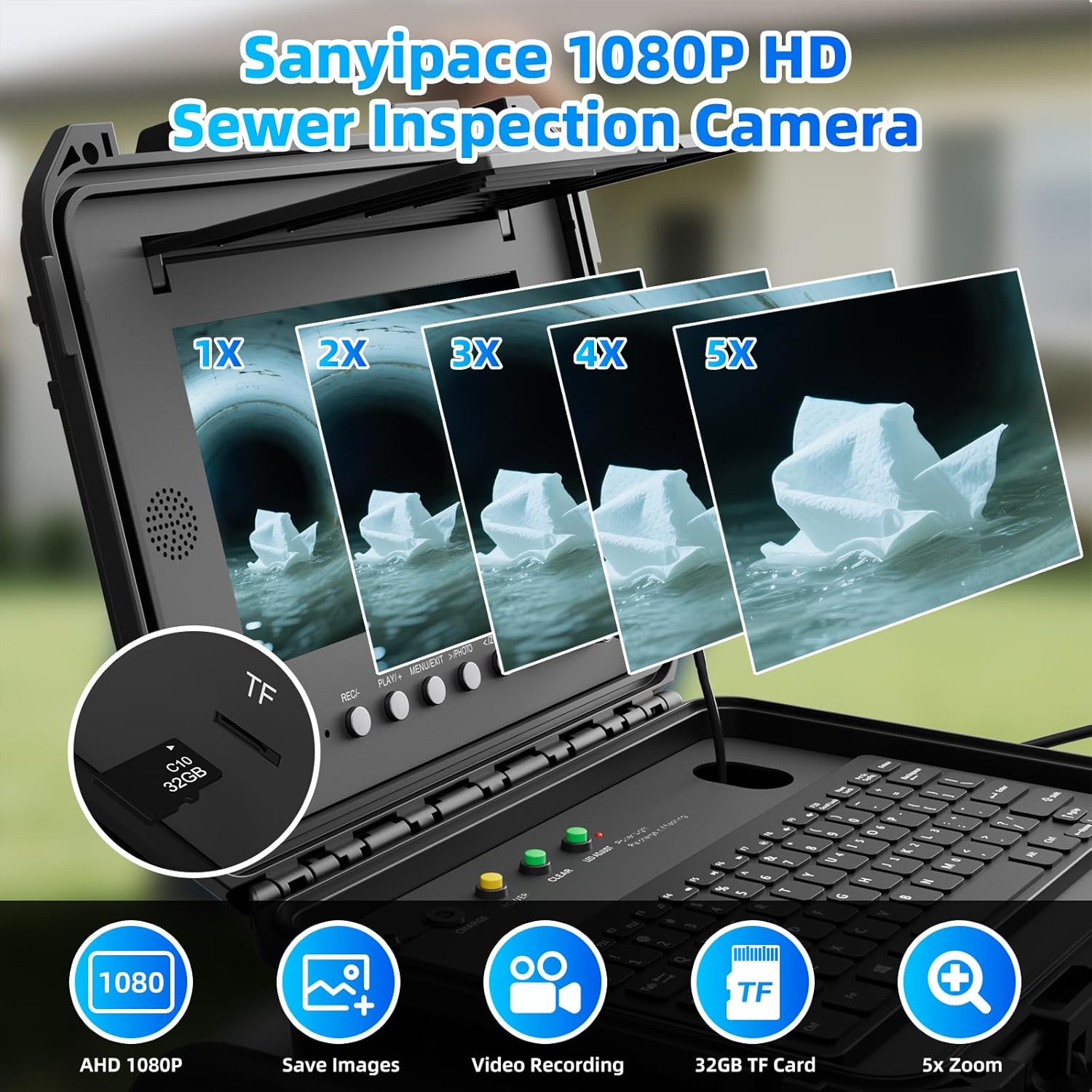 Sanyipace Sewer Camera 165FT/50M with 512Hz Transmitter, Self-Leveling, Distance Counter, Plumbing Inspection Camera with Microphone Speaker Audio Video Record, 32GB TF Card, Pipe Pulley (7mm Cable)