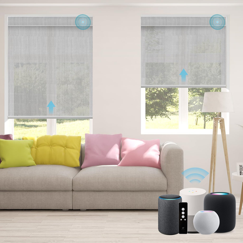 SmartWings Motorized Smart Roller Shades in Light Filtering, Electric Blinds with Remote for Windows Compatible with Alexa/Google Home/Homekit, Customized, 1% Openness Aventus Light Grey