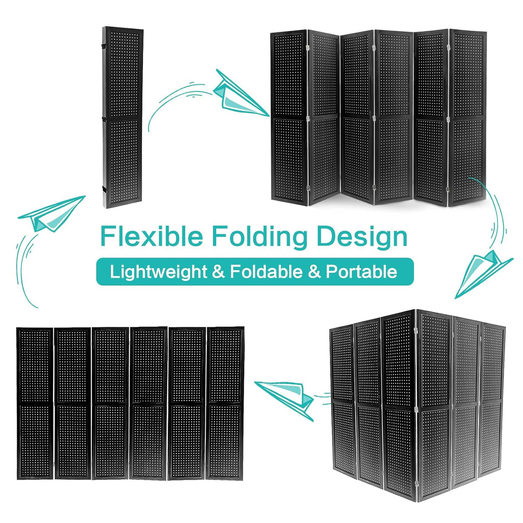 Babion 6 Panel Pegboard Display, Peg Board Room Divider Freestanding Folding Privacy Screens Display Stand for Craft Shows (Black)