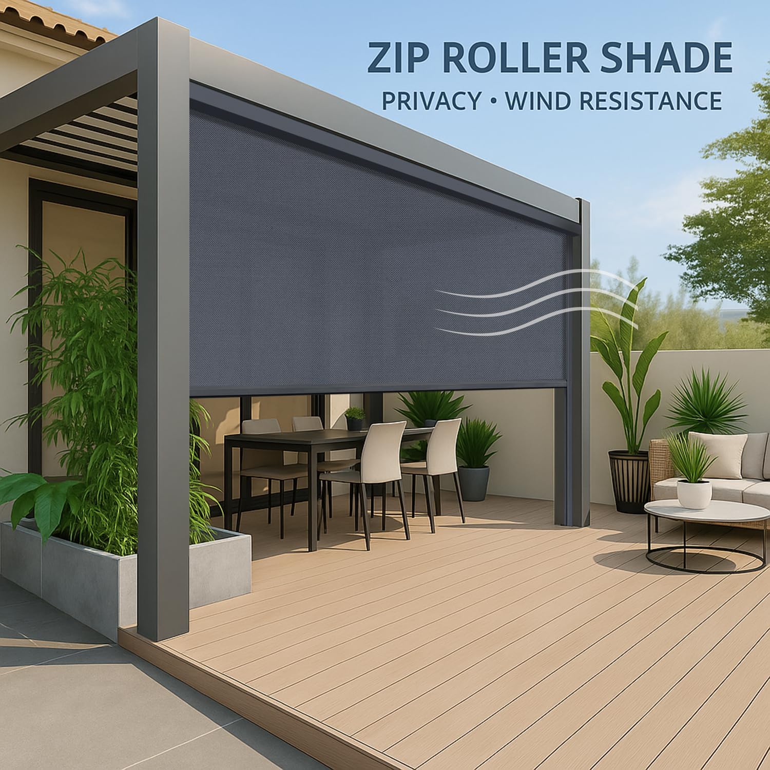 ZSHINE Hard-Wired Outdoor Snow Blocking Weatherproof Motorized Patio Roller Shades Remote Control for Porch Balcony Customized Size (Grey 1% Openness)