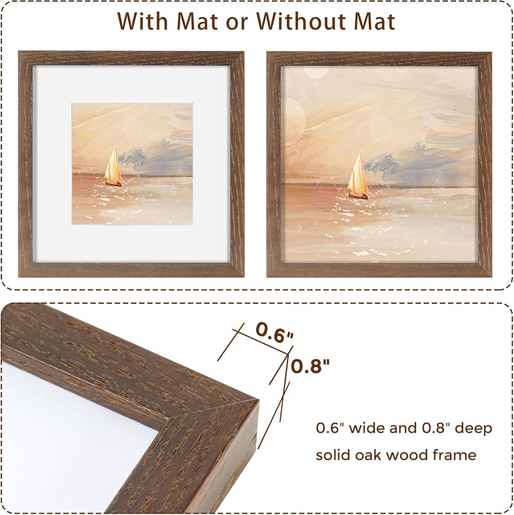 8x8 Picture Frames Set of 3, Solid Oak Wood 8”x8” Picture Frame Matted to 4”x4”,Square 8 x 8 Natural Wood Frame with Tempered Real Glass, Rustic 8x8 Photo Frame for Wall & Tabletop Display