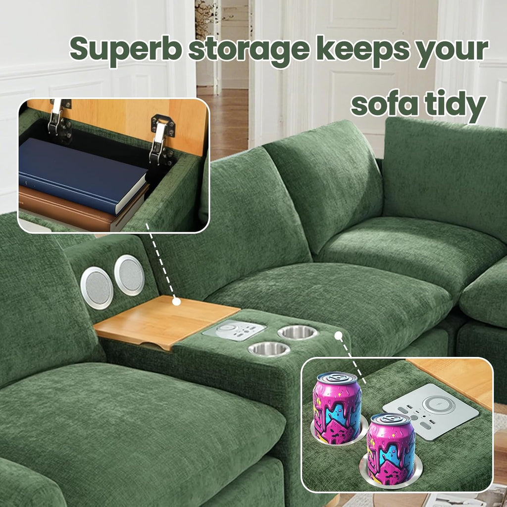 Brelice Modular Sofa Console with Wireless Charging & Bluetooth Speaker - All-in-One Armrest Organizer with Wired Charging, Storage Tray, Volume Control for Sectional Couch, Living Room