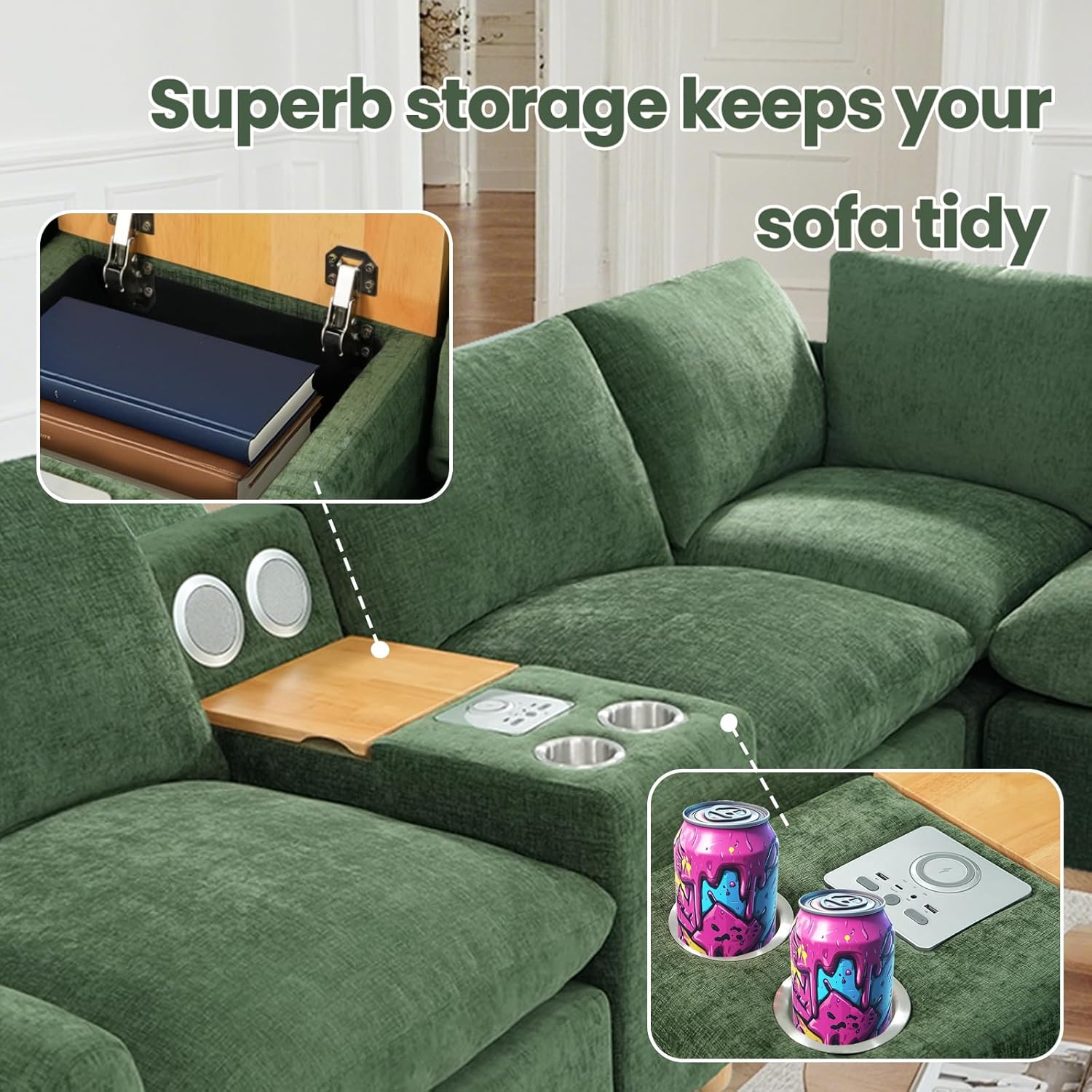 Brelice Modular Sofa Console with Wireless Charging & Bluetooth Speaker - All-in-One Armrest Organizer with Wired Charging, Storage Tray, Volume Control for Sectional Couch, Living Room