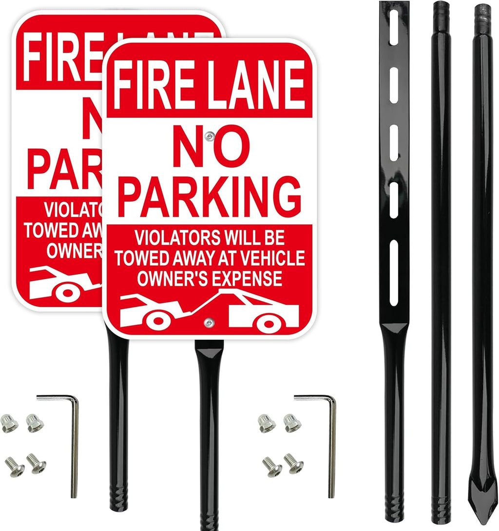 Fire Lane No Parking Sign with 54 Inch Metal Stakes, Red, Aluminum, 10x14 Inches, Reflective, Weather-Resistant, 2 Pack