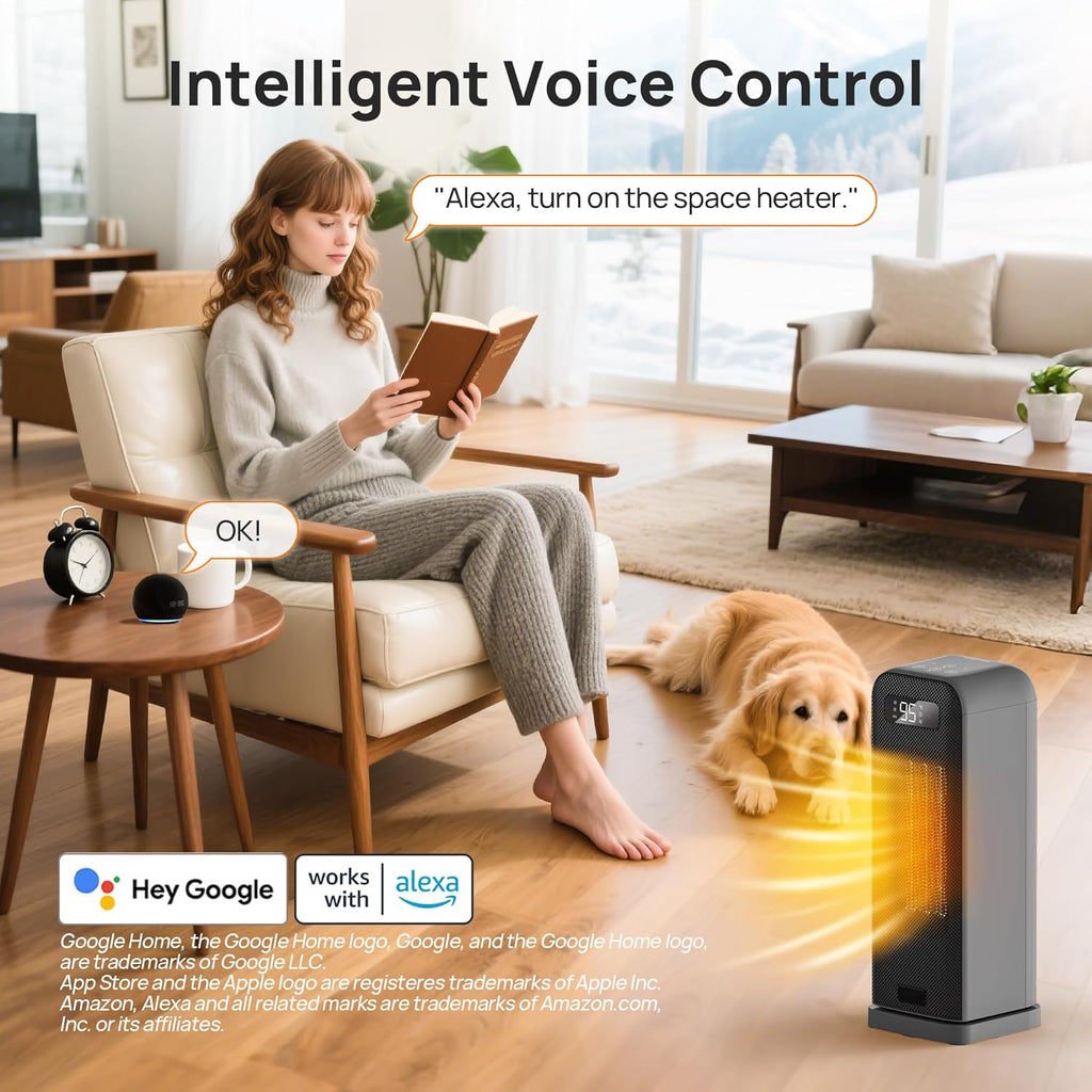 Space Heaters for Indoor Use, Smart Portable Electric Heater with Thermostat, WiFi and Voice Control, 12H Timer, 4 Modes, 36dB 1500W PTC Ceramic Safety Heat for Office Bedroom Home 1Pack Grey