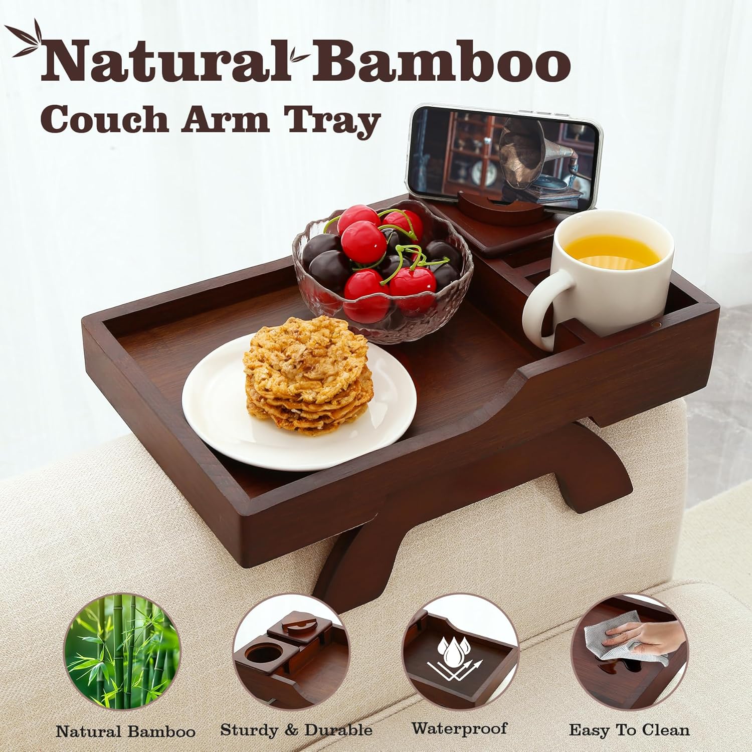 Couch Cup Holder Tray, 15.4"x9.9" Large 4 in 1 Couch Armrest Table with 360°Rotated Phone Holder, Non-Slip Clip on Side Table for Drinks/Remote/Snacks, Ideal Gift for Husband, Wife, Parents