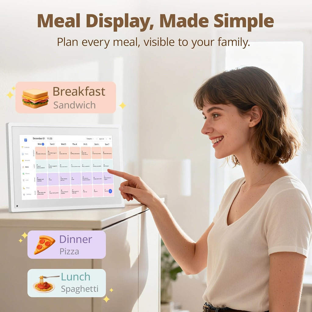 Dragon Touch 10.1 inch Digital Calendar Chore Chart – Interactive Touchscreen, Smart Family Planner, Hearth Display Desk Digital Calendar Seamless Scheduling white
