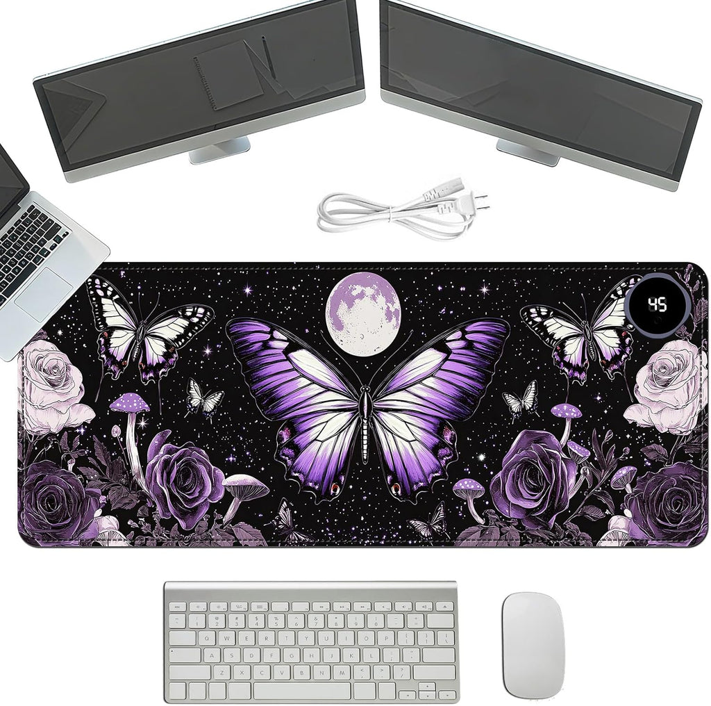 Heated Mouse Pad with 3 Temperature Settings(104°F–122°F),Large 31.5x13 Inch PU Leather Heated Desk Mat,Waterproof Warming Pad for Office,Gaming & Cold Hands Relief,Purple Butterfly Flower