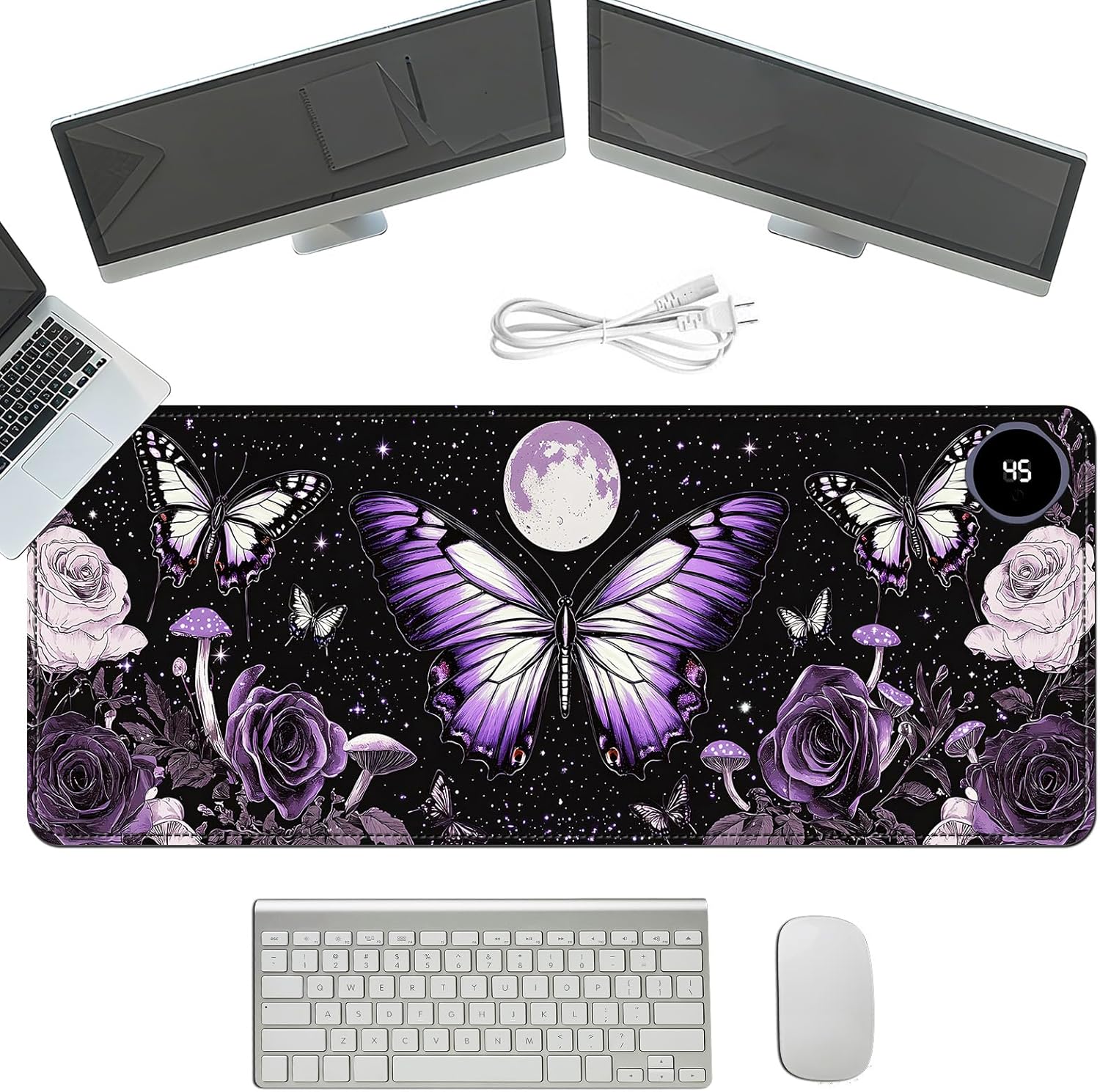 Heated Mouse Pad with 3 Temperature Settings(104°F–122°F),Large 31.5x13 Inch PU Leather Heated Desk Mat,Waterproof Warming Pad for Office,Gaming & Cold Hands Relief,Purple Butterfly Flower
