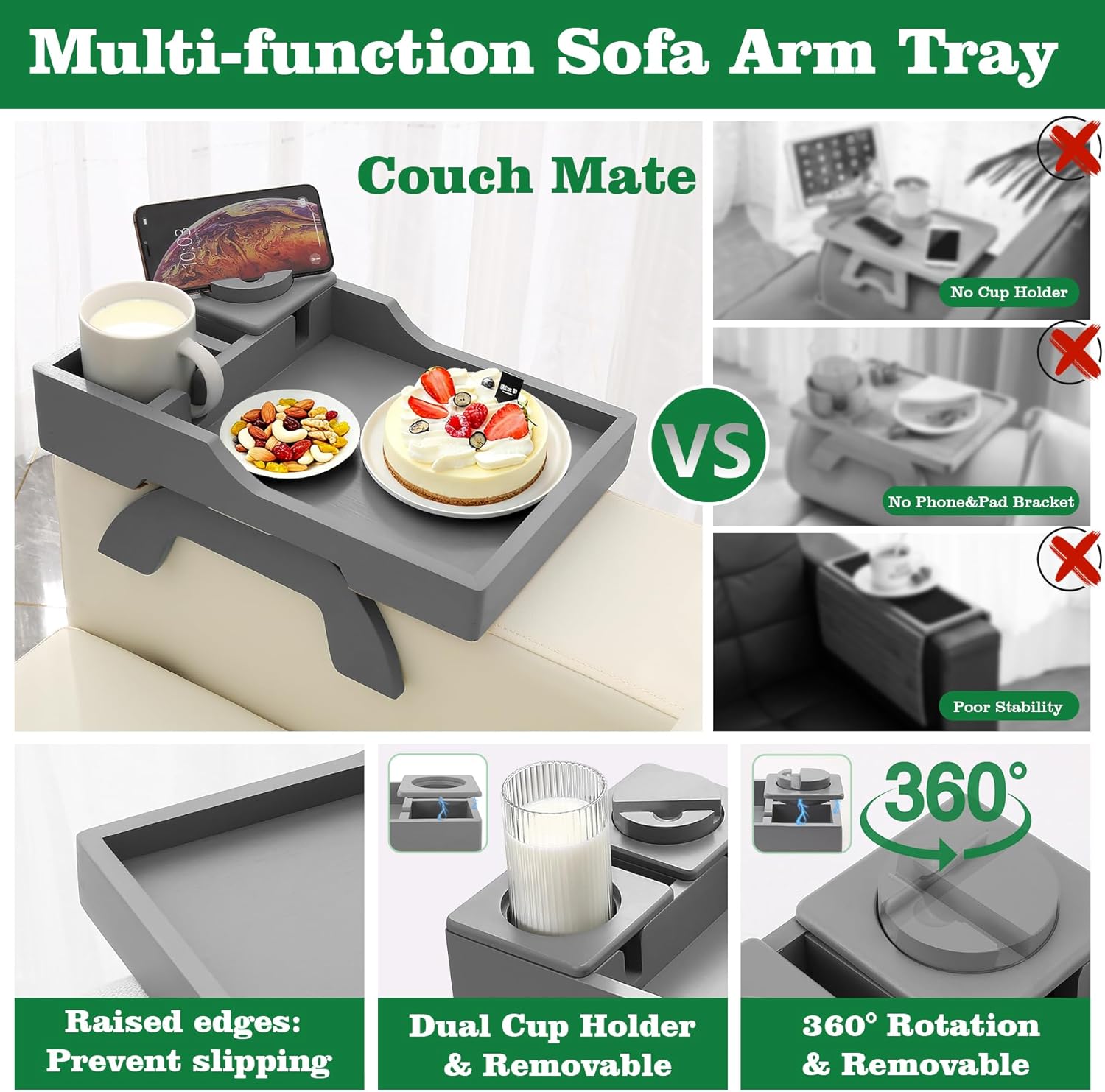 Couch Cup Holder, 4-in-1 Side Couch Arm Tray with Phone Holder, Sofa Clip on Side Table for Wide Couches Arm, Suitable for Home Drinks/Remote/Snacks-Grey