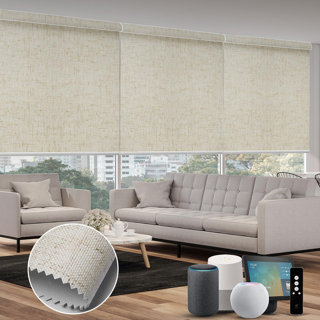 SmartWings Motorized 100% Blackout Shades Blinds, Custom Size, Cordless Window Shades with Rechargeable Battery, Work with Matter/Apple HomeKit, Alexa, Thread/Zigbee, Remote Optional, Linen Stone